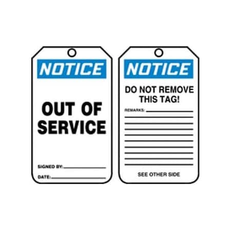 Accuform Safety Tags, NOTICE OUT OF SERVICE, 5.75in x 3.25in, PF-Cardstock, 25PK MDT804CTP